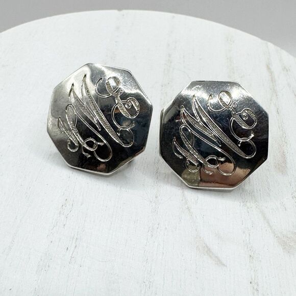 Vtg Sterling Monogram HEM Screw back Earrings Octagonal Signed CW Scrap Wear 10g - Picture 1 of 9